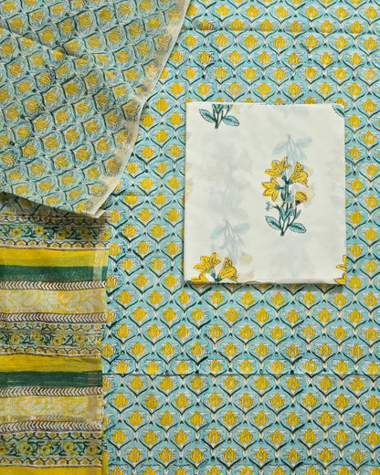 Hand Block Printed Premium Cotton Unstitched Suit with Floral Butis & Chanderi Silk Dupatta - Curated Edit