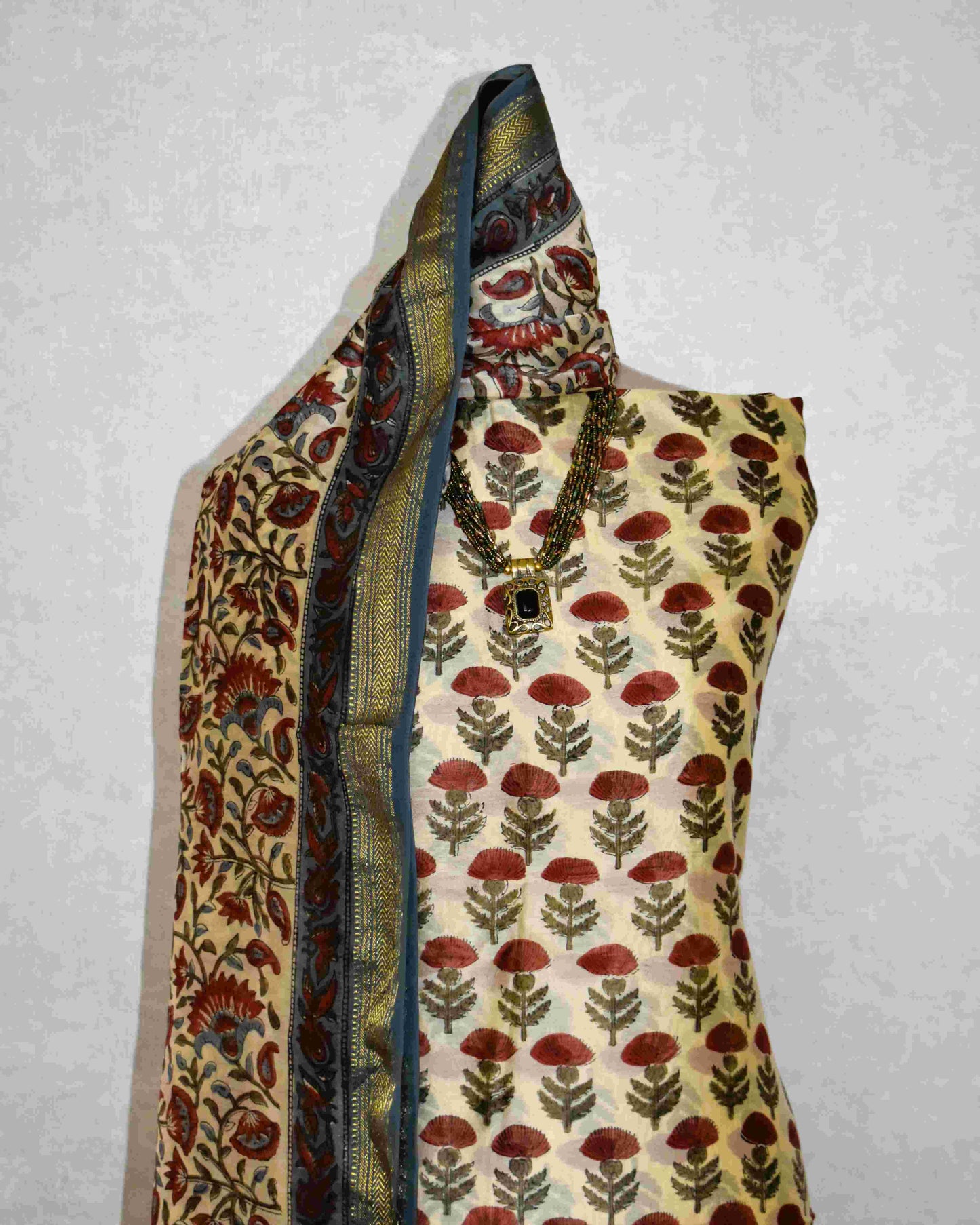 Red Floral Buti Printed Maheshwari Silk Suit Set