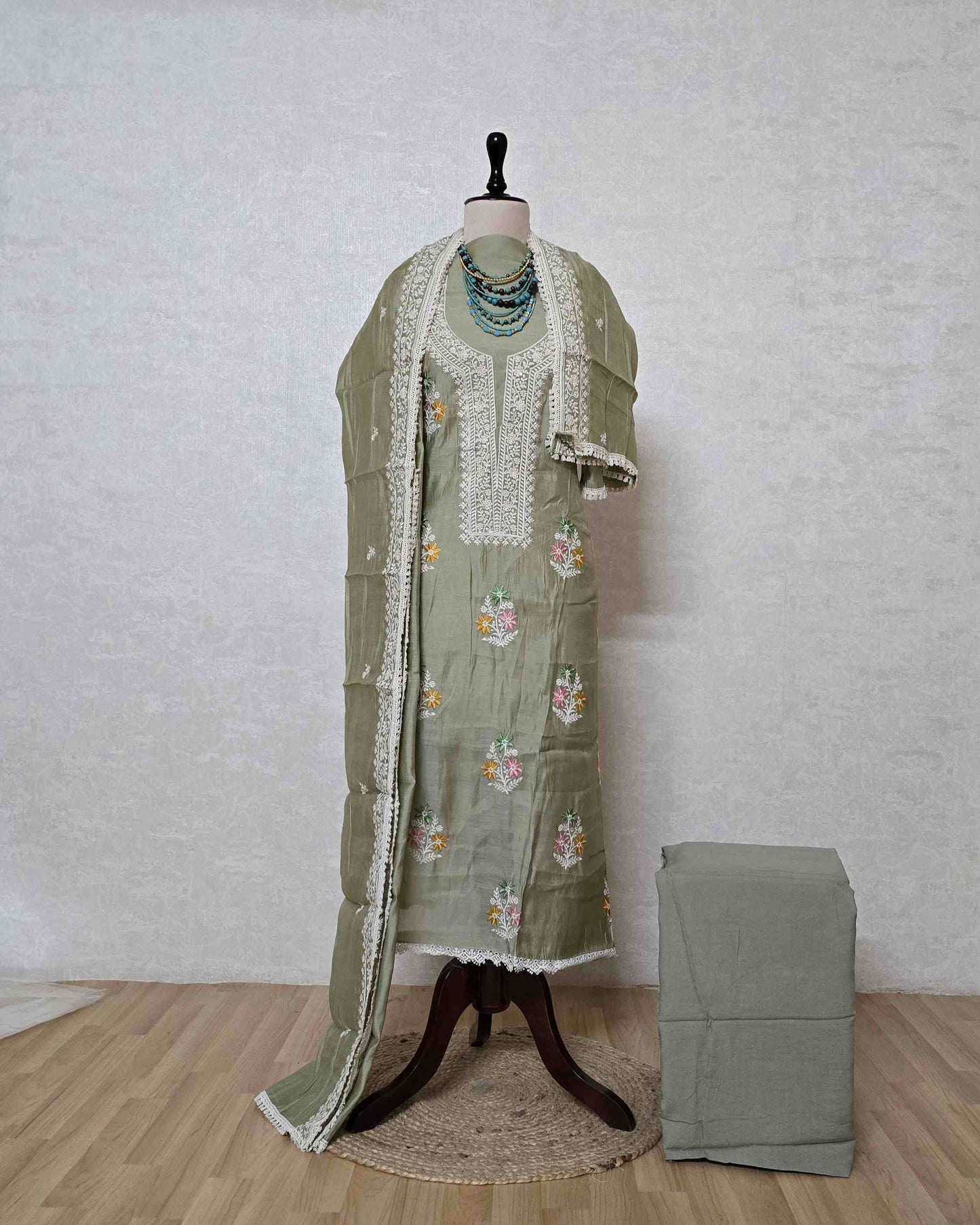 Sage Green MalChanderi with White Threadwork Suit Set with Lace-Edged Dupatta