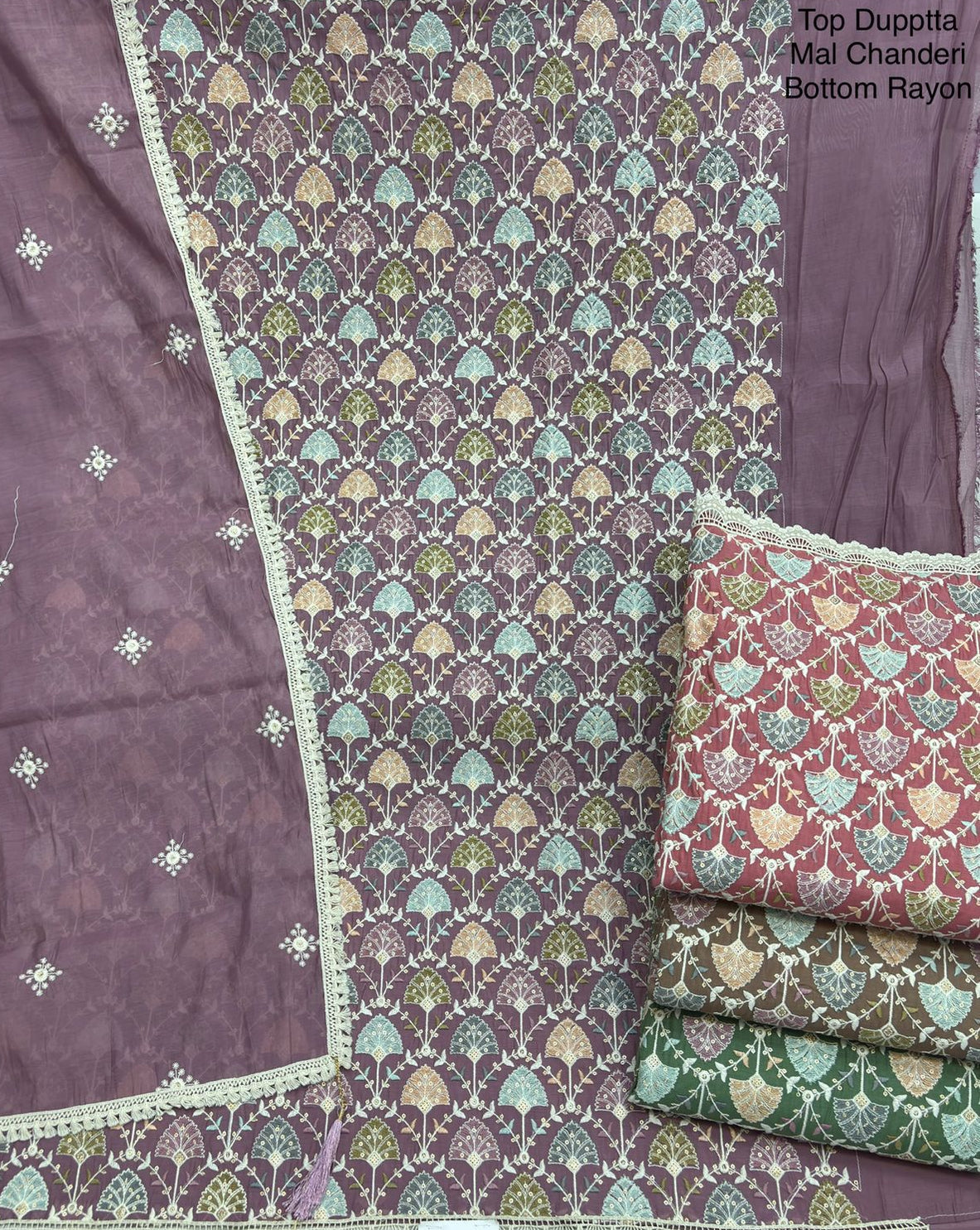 Floral Embroidered Mal Chanderi Unstitched Suit Set with Lace Detailing (Mauve)
