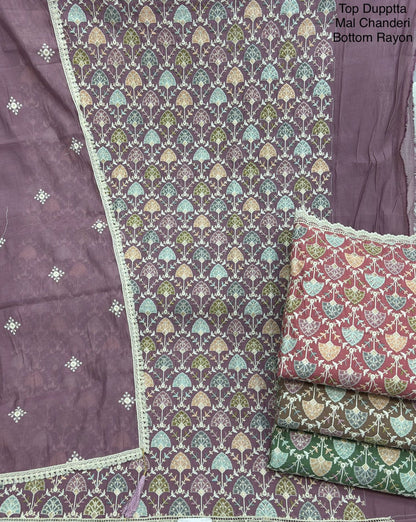 Floral Embroidered Mal Chanderi Unstitched Suit Set with Lace Detailing (Mauve)