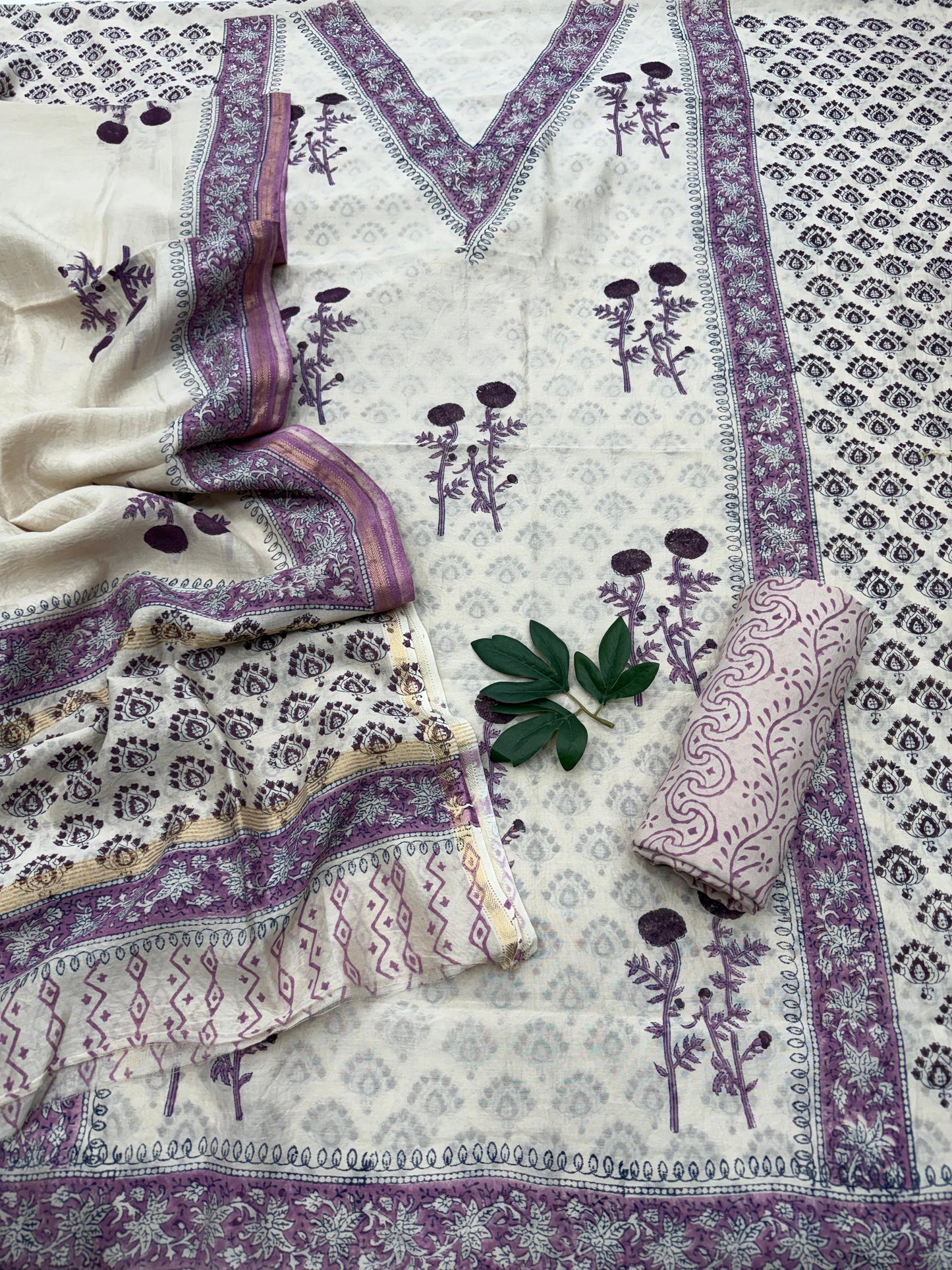 Hand Block Printed Chanderi Silk Suit with Santoon Bottom and Chanderi Silk Dupatta