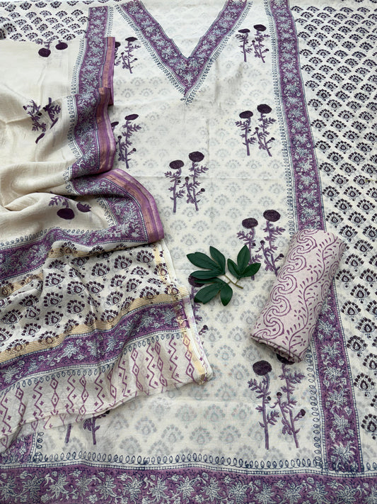 Hand Block Printed Chanderi Silk Suit with Santoon Bottom and Chanderi Silk Dupatta