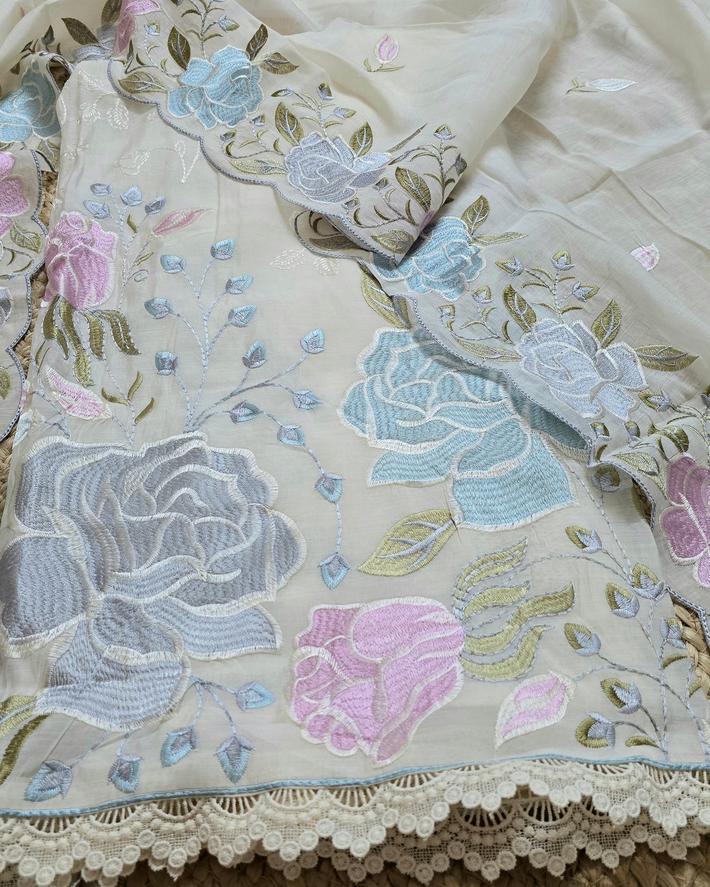 Ivory Bloom Embroidered Mal Chanderi Suit Set with Scalloped Dupatta
