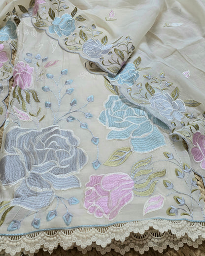 Ivory Bloom Embroidered Mal Chanderi Suit Set with Scalloped Dupatta