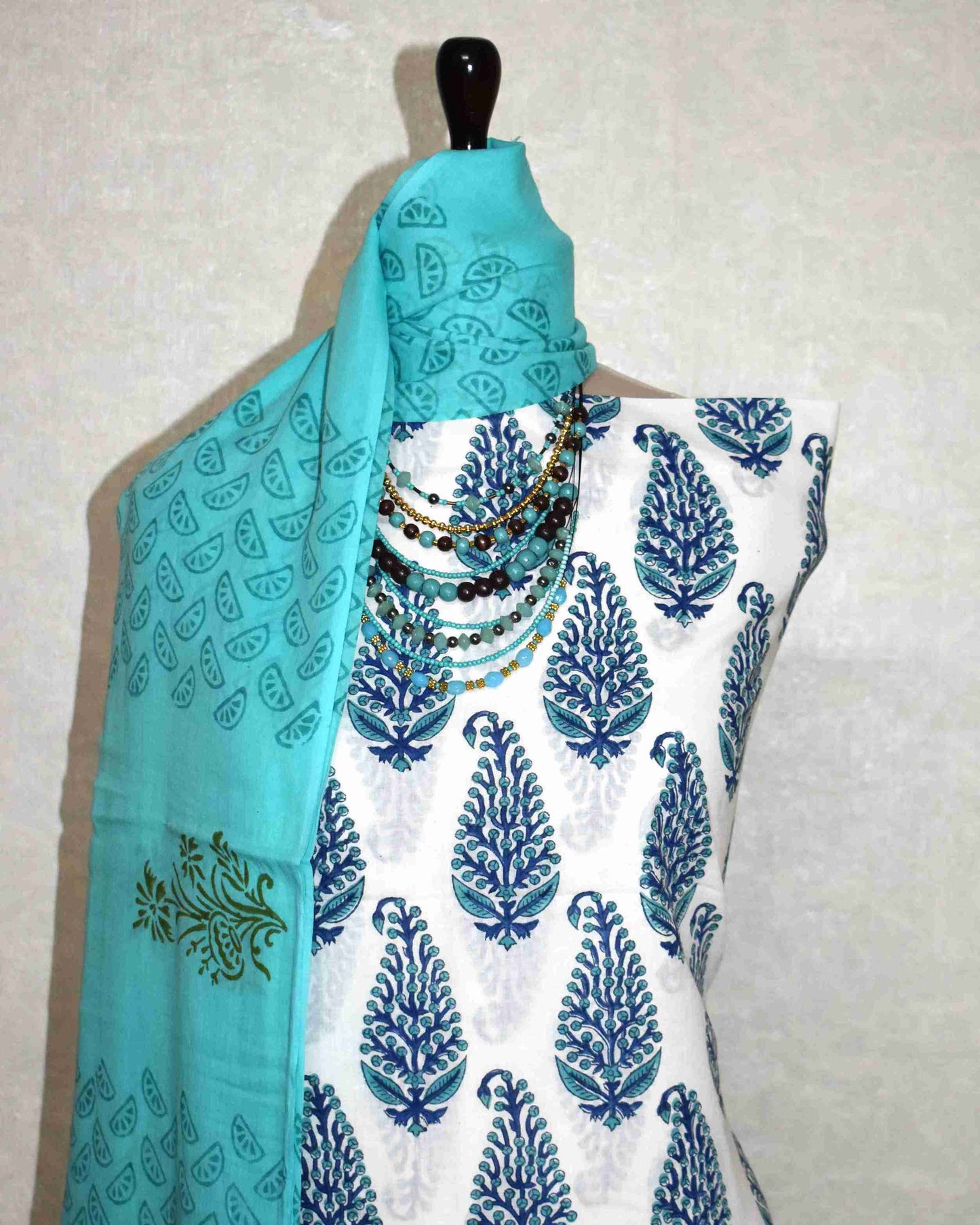 Sanganeri Hand Block Printed Unstitched Cotton Suit Set with malmal dupatta