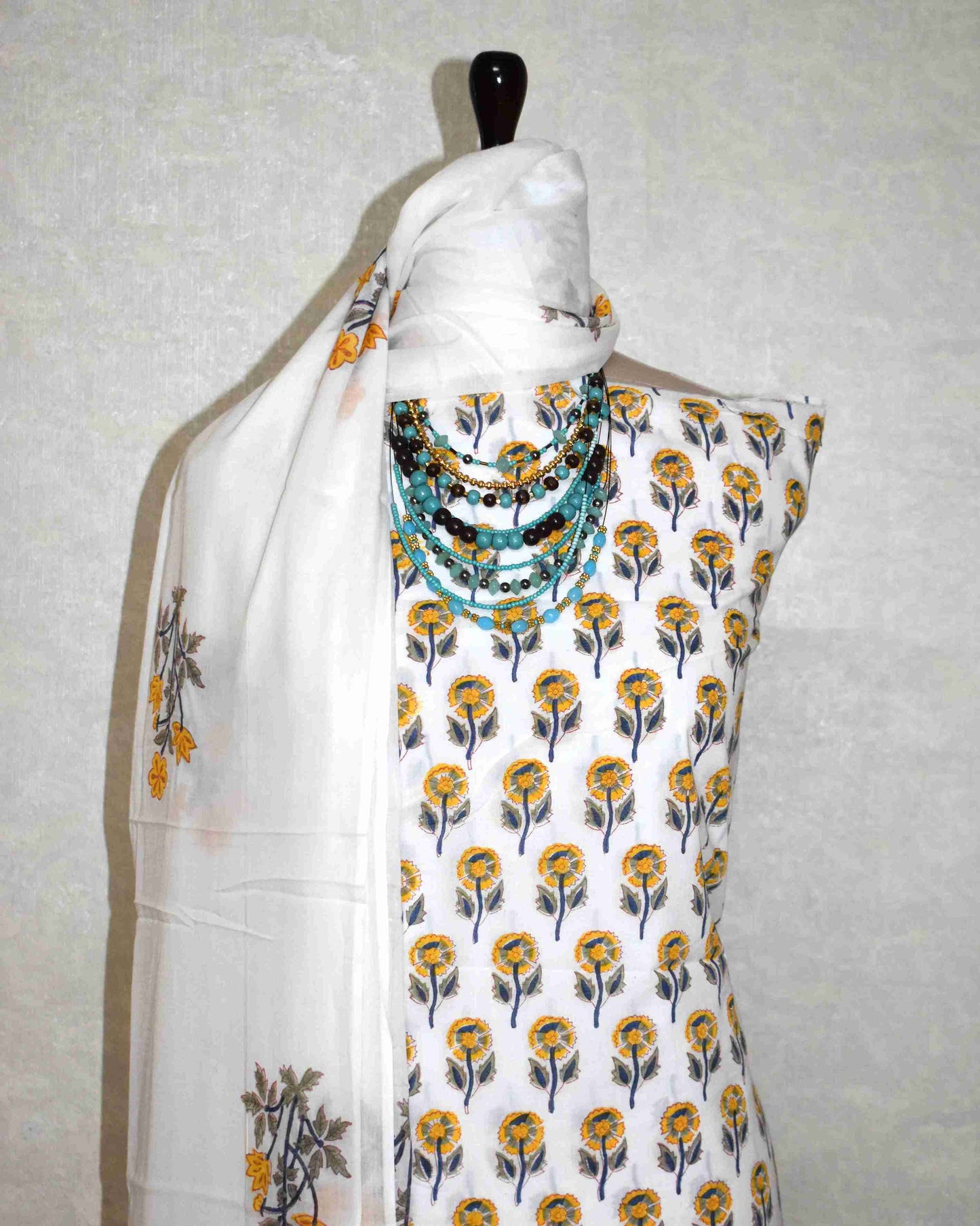 Sanganeri Hand Block Printed Unstitched Cotton Suit Set with malmal dupatta