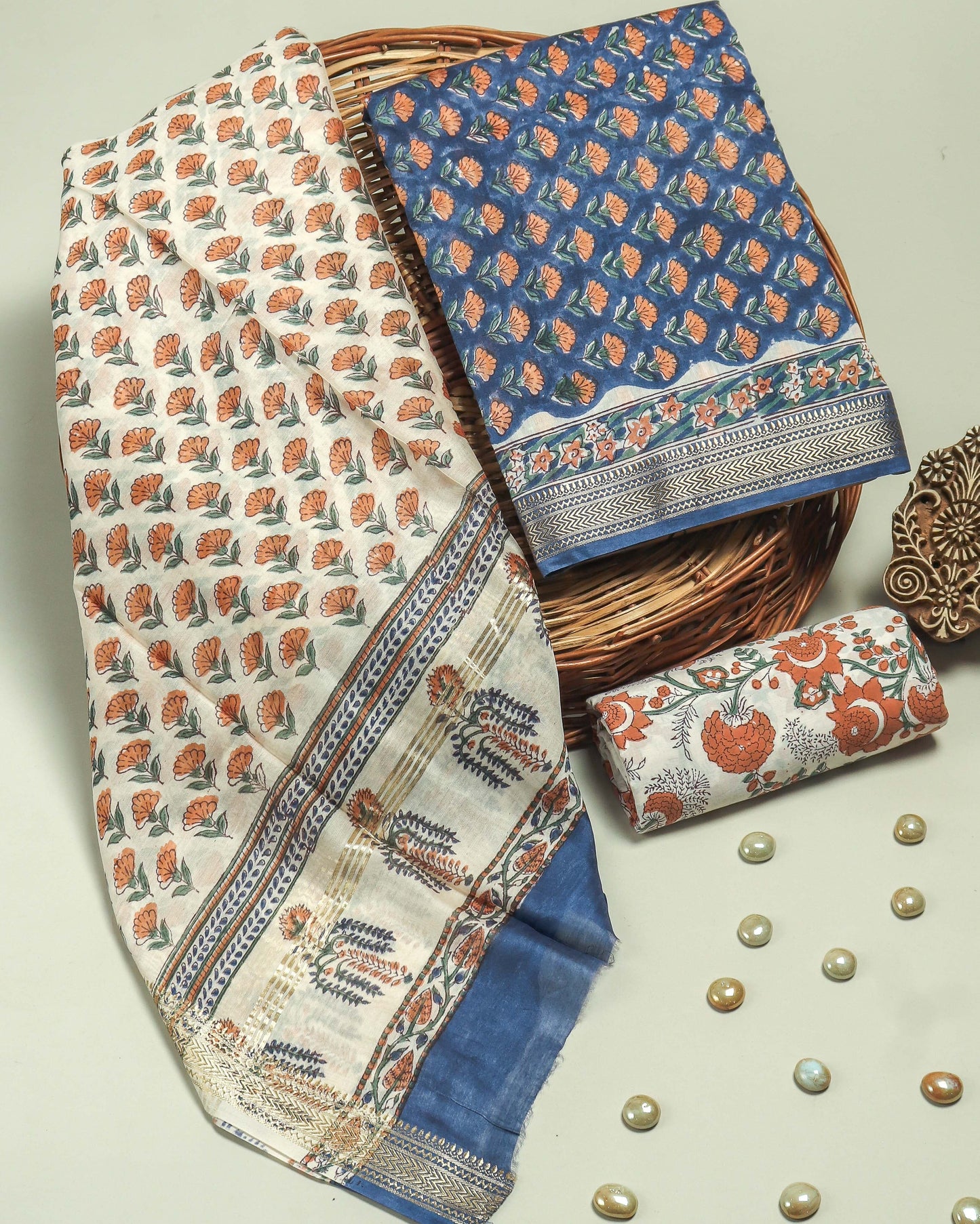 Sanganeri Blue All-over Small Floral Buti printed Maheshwari Silk Suit Set