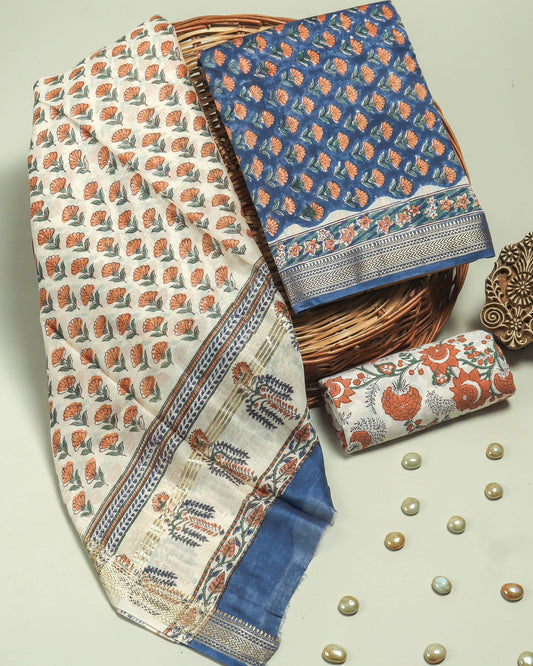 Sanganeri Blue All-over Small Floral Buti printed Maheshwari Silk Suit Set