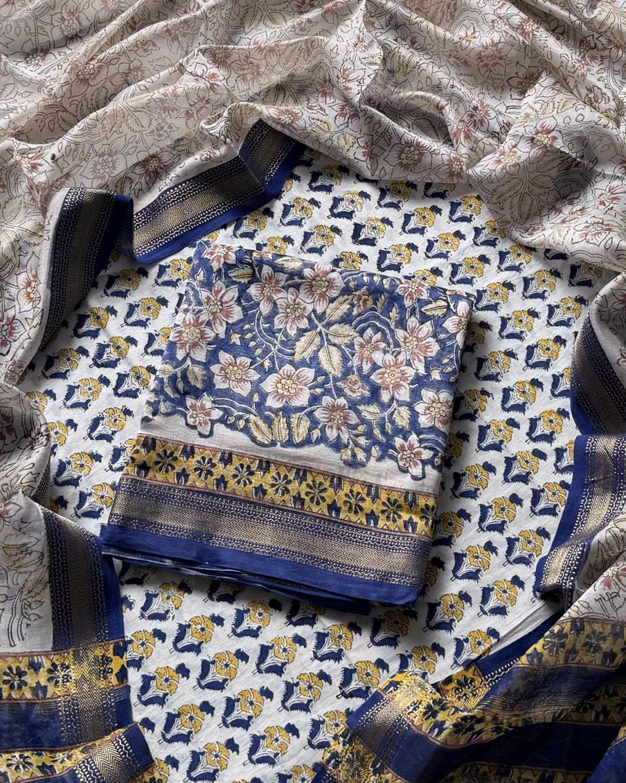 Sanganeri printed Maheshwari Silk Suit Set