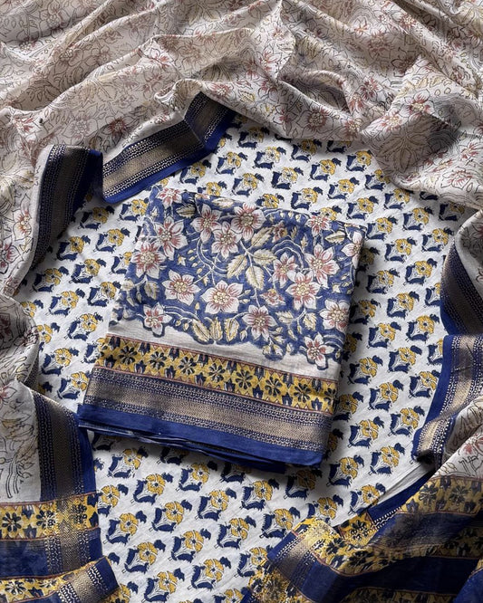 Sanganeri printed Maheshwari Silk Suit Set