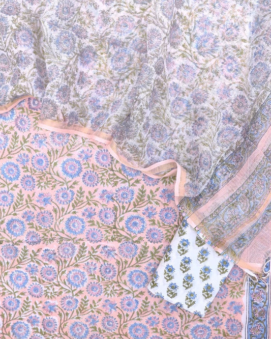 Blush Pink All-over Floral jaal Hand Block Printed Cotton Suit With Kota Doria Dupatta