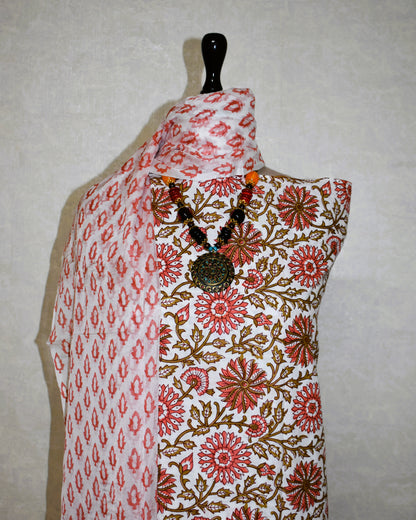 All-over Red Floral Hand Block Printed Cotton Suit with Pure Chiffon dupatta