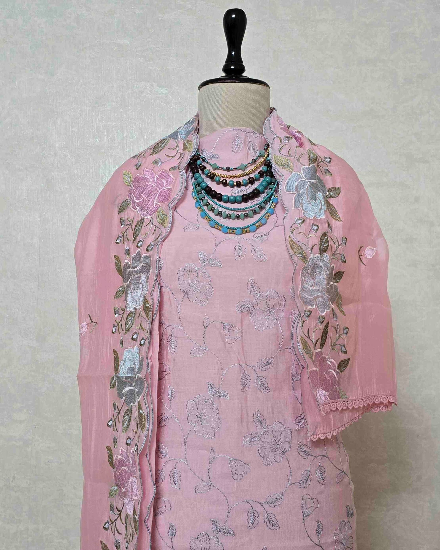 Powder Pink Bloom Embroidered Mal Chanderi Suit Set with Scalloped Dupatta