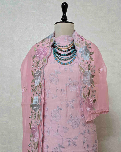 Powder Pink Bloom Embroidered Mal Chanderi Suit Set with Scalloped Dupatta