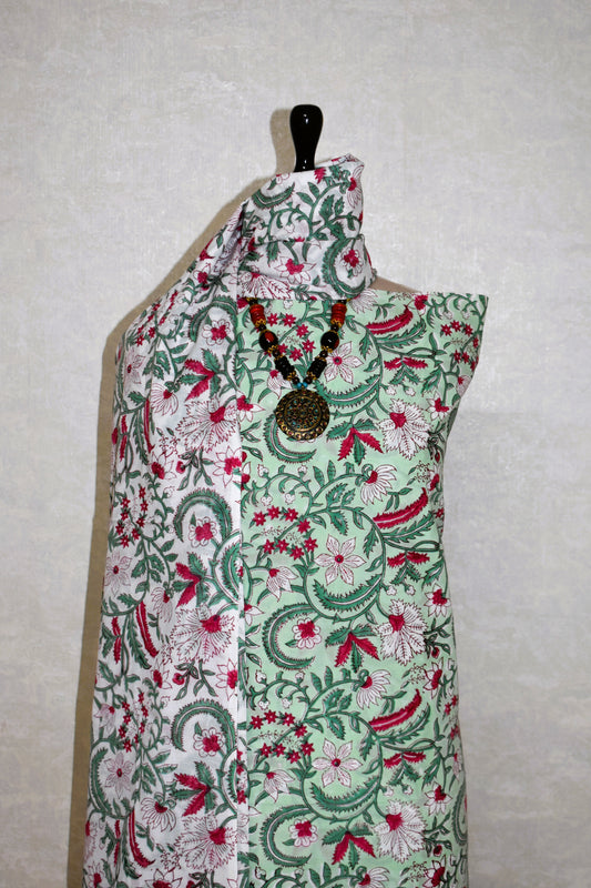 Botanical Jaal in Mint-Green with Red Flowers Hand Block Printed Cotton Suit with Malmal Dupatta