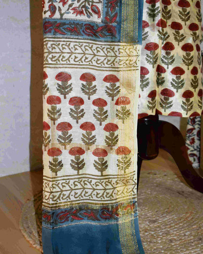 Red Floral Buti Printed Maheshwari Silk Suit Set