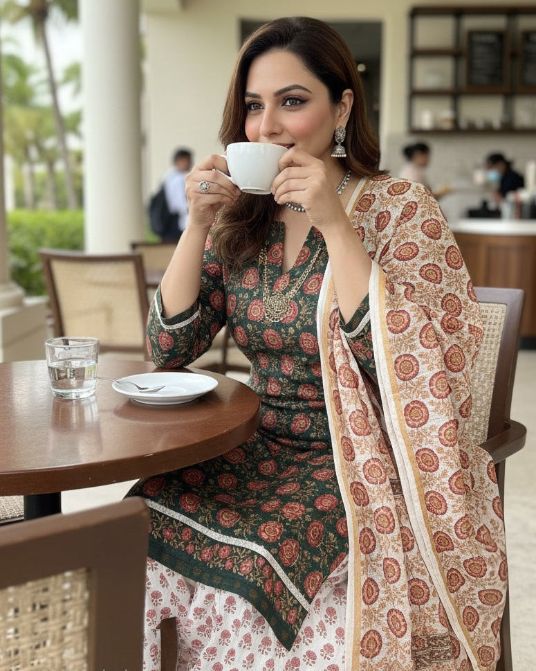 Green Chanderi Silk Suit with All-over Red Floral Sanganeri Print
