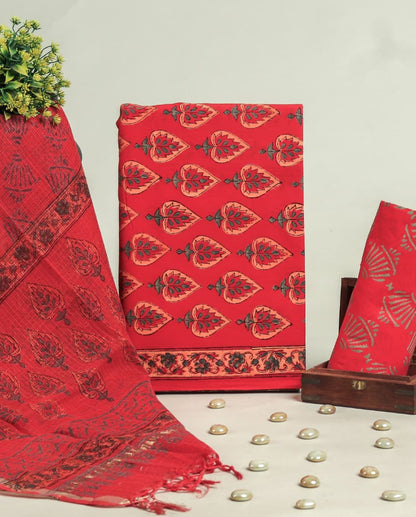Matt Red Discharge Hand Block Printed Cotton Suit With Kota Doria Dupatta