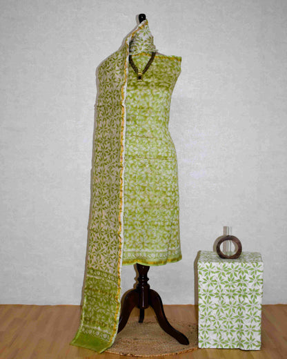 Lime Green Chanderi Silk Suit with Sanganeri All-over leaf Jaal Print