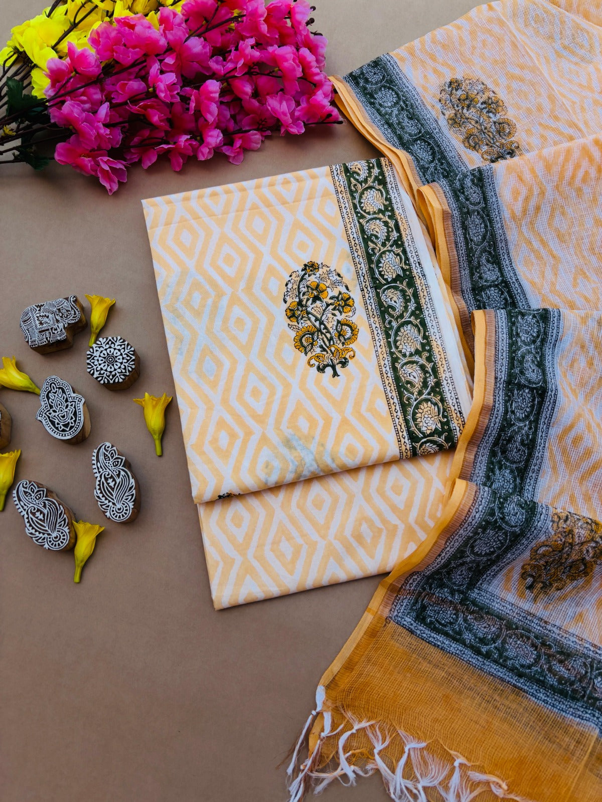 Bagru Hand Block Printed Cotton Suit With Kota Doria Dupatta
