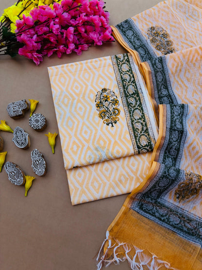 Bagru Hand Block Printed Cotton Suit With Kota Doria Dupatta