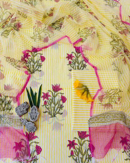 Bagru Hand Block Printed Cotton Suit With Kota Doria Dupatta