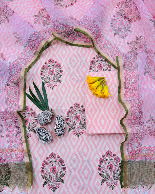 Bagru Hand Block Printed Cotton Suit With Kota Doria Dupatta