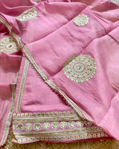 Designer Mal Chanderi Embroidered 3-Piece Suit Set (Blush Pink)