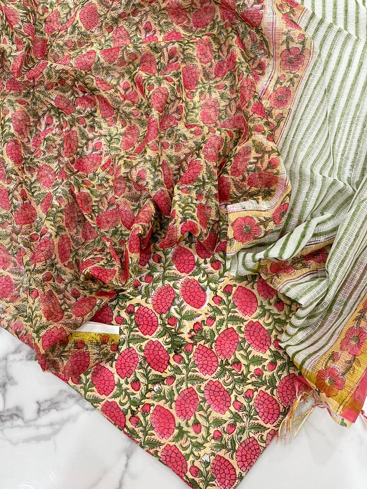 Hand Block Printed Premium Cotton Suit Set with Kota Doria Dupatta - Curated Edit