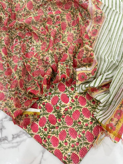 Hand Block Printed Premium Cotton Suit Set with Kota Doria Dupatta - Curated Edit