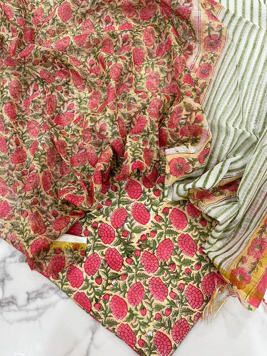 Hand Block Printed Premium Cotton Suit Set with Kota Doria Dupatta - Curated Edit