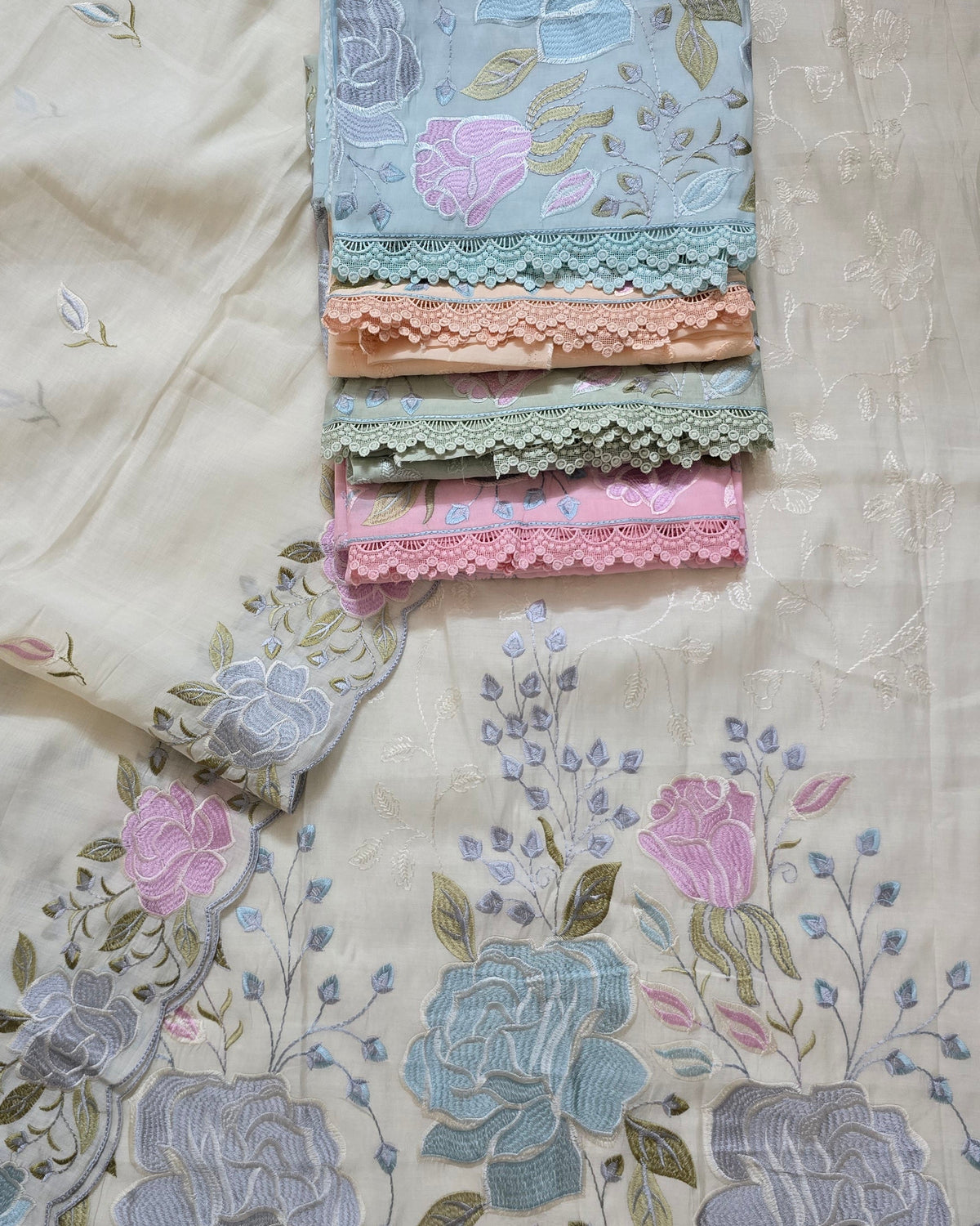 Ivory Bloom Embroidered Mal Chanderi Suit Set with Scalloped Dupatta