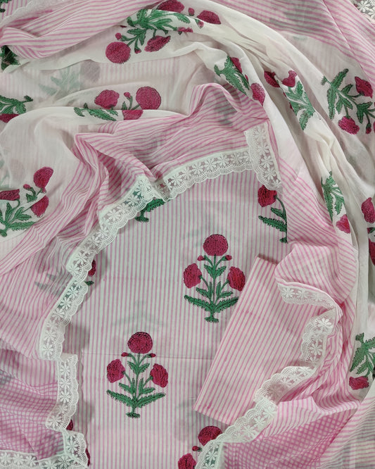 Pink Floral Buta Hand Block Printed Cotton Suit with Crochet Lace Malmal Dupatta