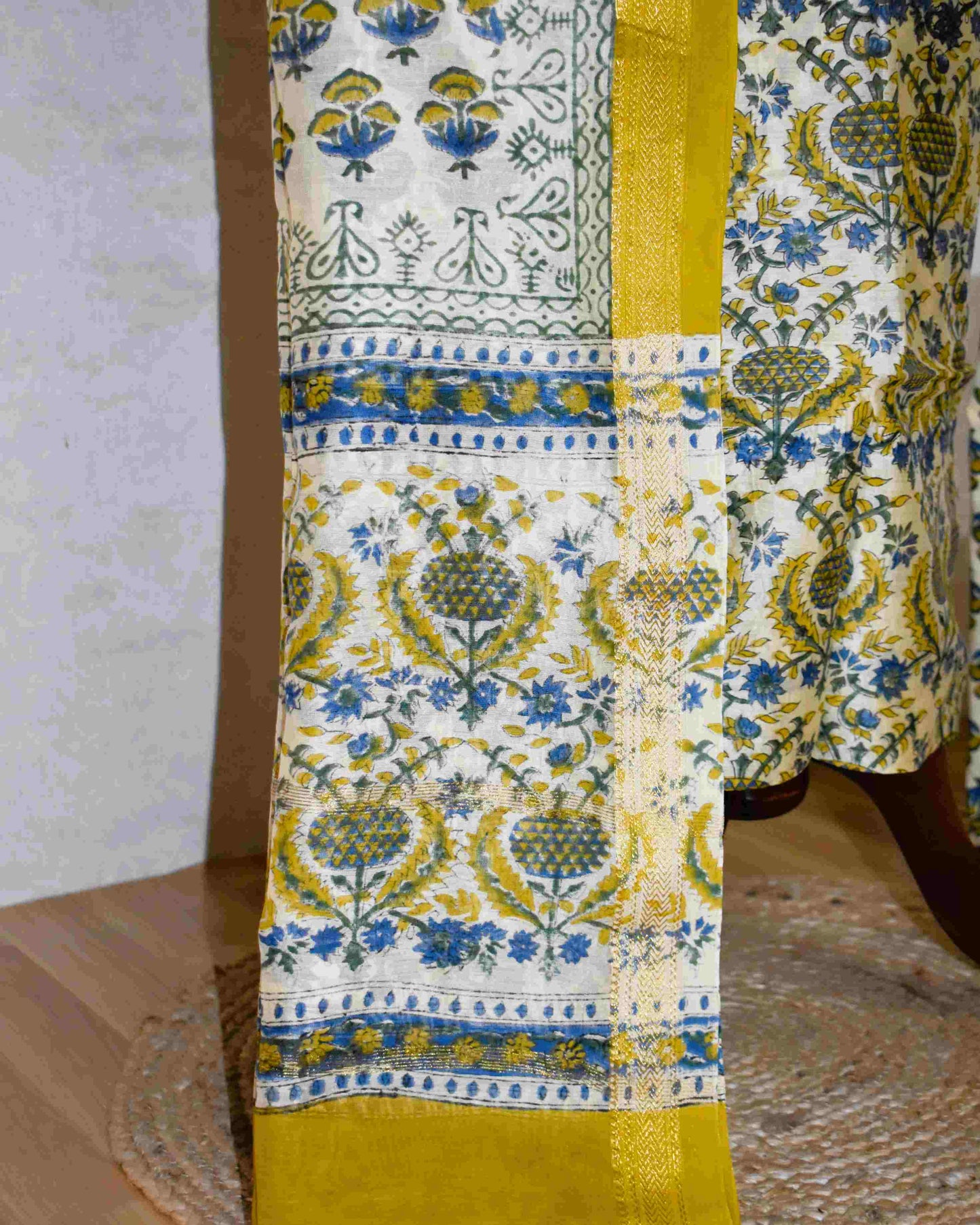 Temple Gold Bagru Floral Jaal Printed Maheshwari Silk Suit Set