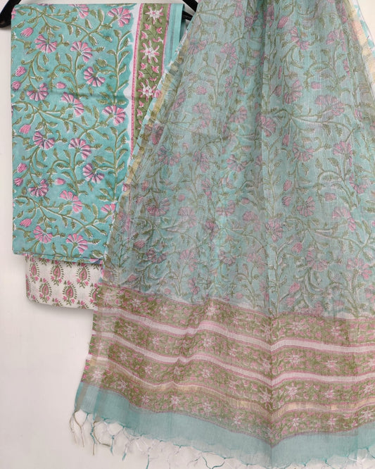 All-over Floral Jaal in Sky Blue Hand Block Printed Cotton Suit with Kota Doria Dupatta