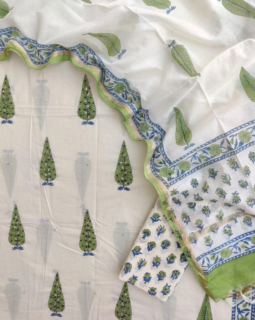 Hand Embroidered and Hand Block Printed Premium Cotton Unstitched Suit with Chanderi Silk Dupatta - Designer Edit